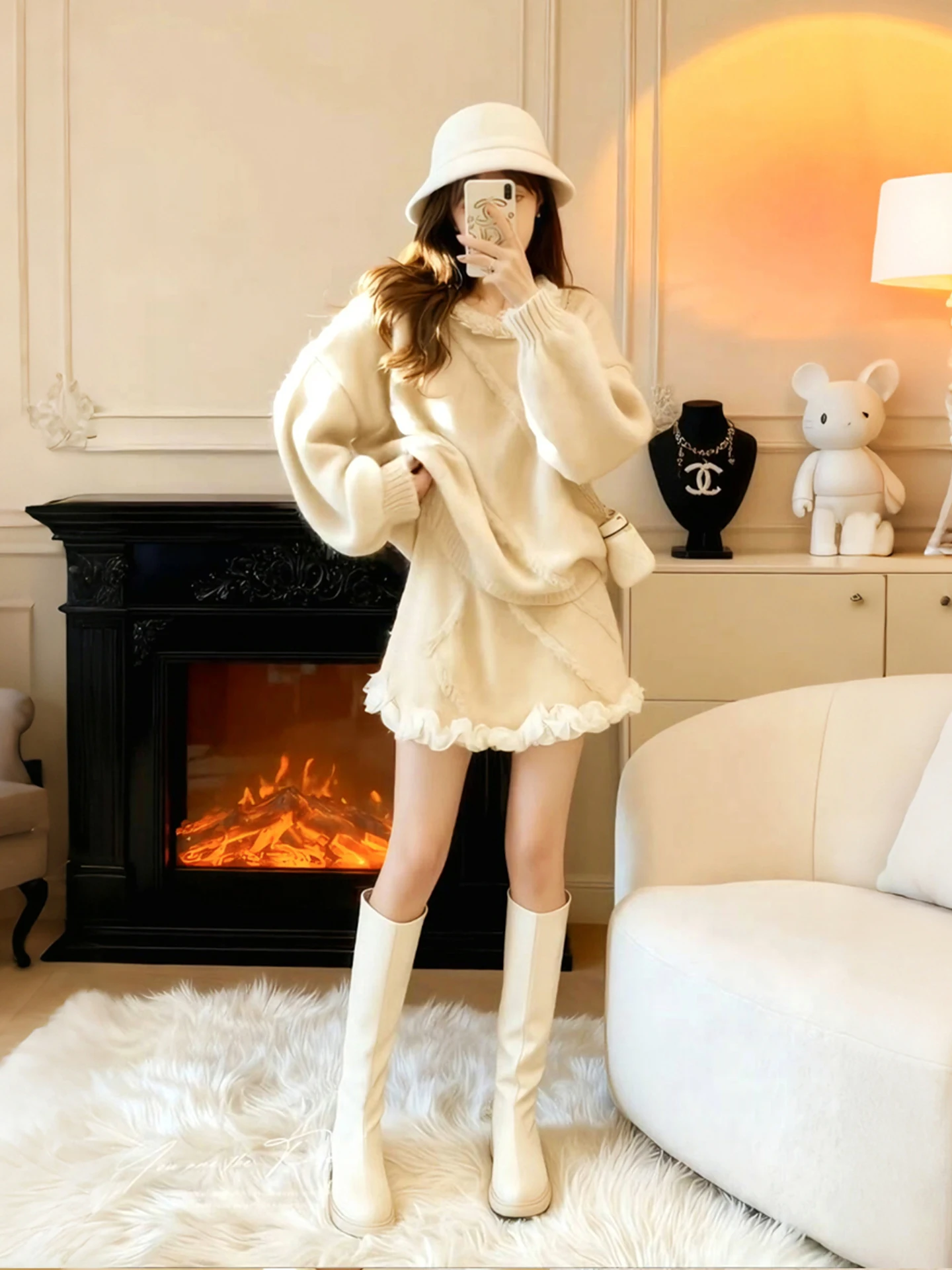 

Зимний теплый вязаный комплект из свитера и юбки больших размеров для женщин: модный, элегантный дизайн с узором «грибок», комплект из двух предметов