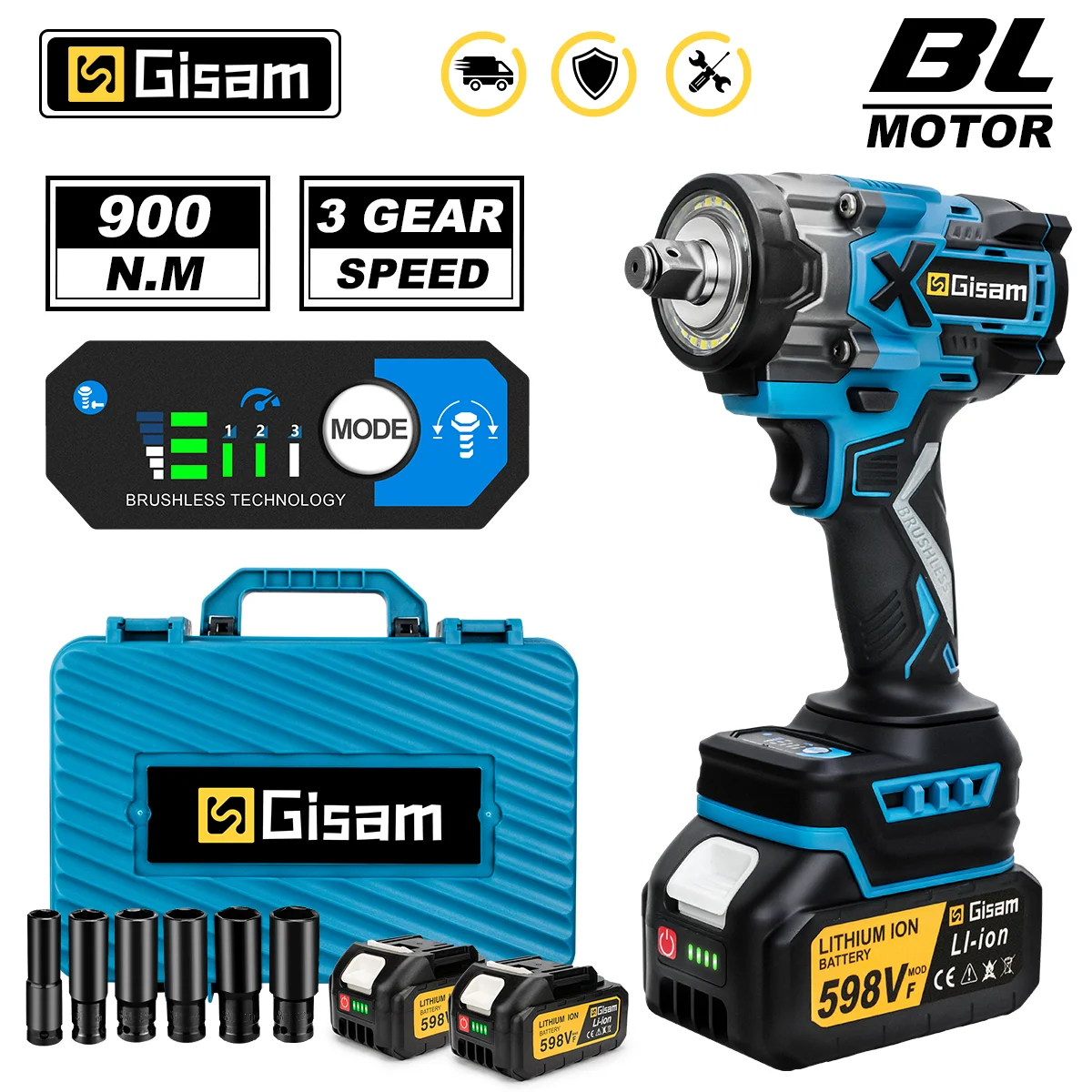 Gisam 900N.M Brushless Electric Impact Wrench 1/2 inch Cordless Electric Drill Screwdriver Power Tool for Makita 18V Battery Pin
