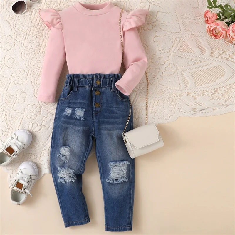 Mubineo Toddler Girl Clothes Long Sleeve Shirt Ripped Jeans Outfits Ruffle Tops Destroyed Jean Pant Girls Kid Set