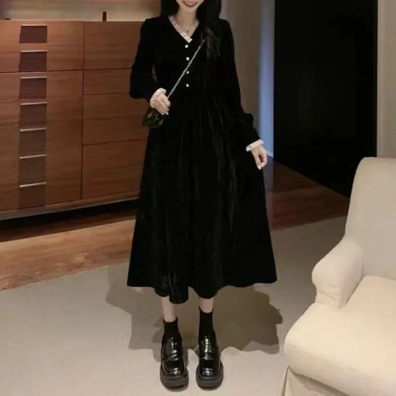 

French New V Neck Solid Color Fashion Velvet Female Dresses Y2k Slim Waist Korean Winter Vintage Women's Elegant Long Dress 원피스