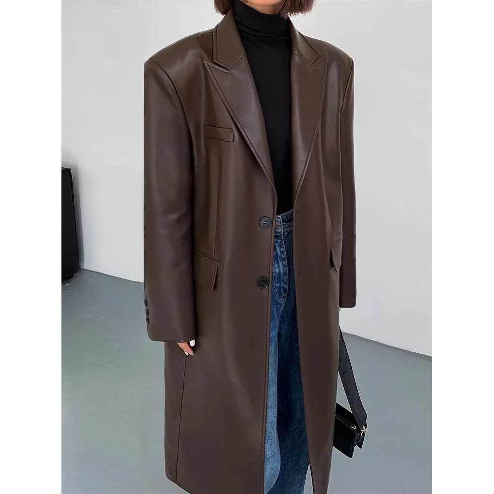 Women Leather Long Jacket Trench Oversized Faux Leather Blazer Button Down Lapel Coat with Pockets Down Shirts/Coats Work Office