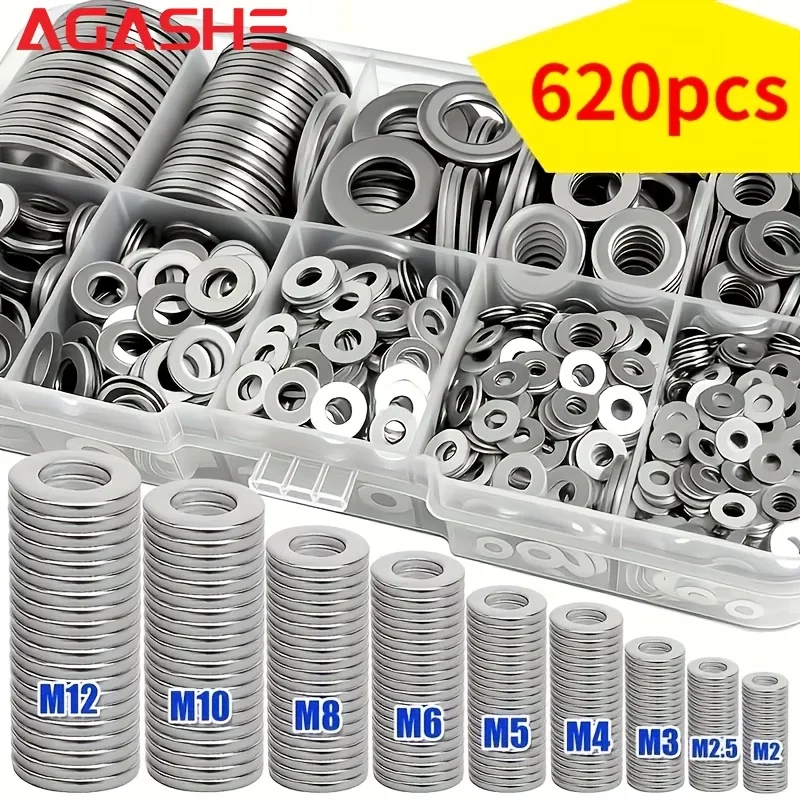 620pcs Metal Flat Washer Gasket Assortment Kit with Storage Box, Durable Booster Flat Washers, Polished Smooth Surface, M2-M12