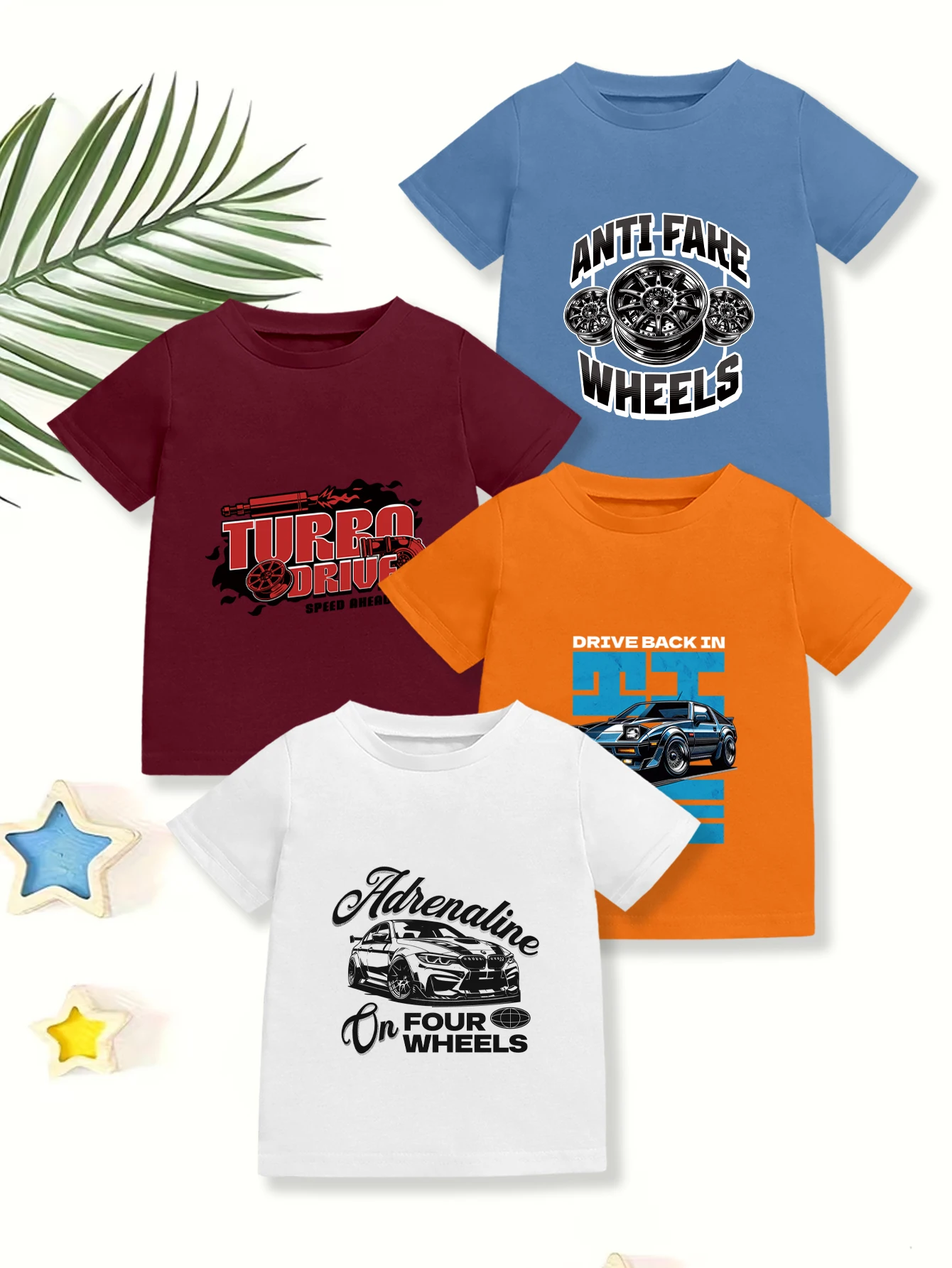 4 pieces: Boys Daily Casual T-shirt Cartoon Car Wheel Letter Print Summer Breathable Cotton Tee