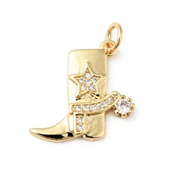 10pcs Cowboy Boots Shoes Charms Brass Zirconia Pendants Real 18K Gold Plated For DIY Bracelet Keychain Jewelry Making 17x17x2mm