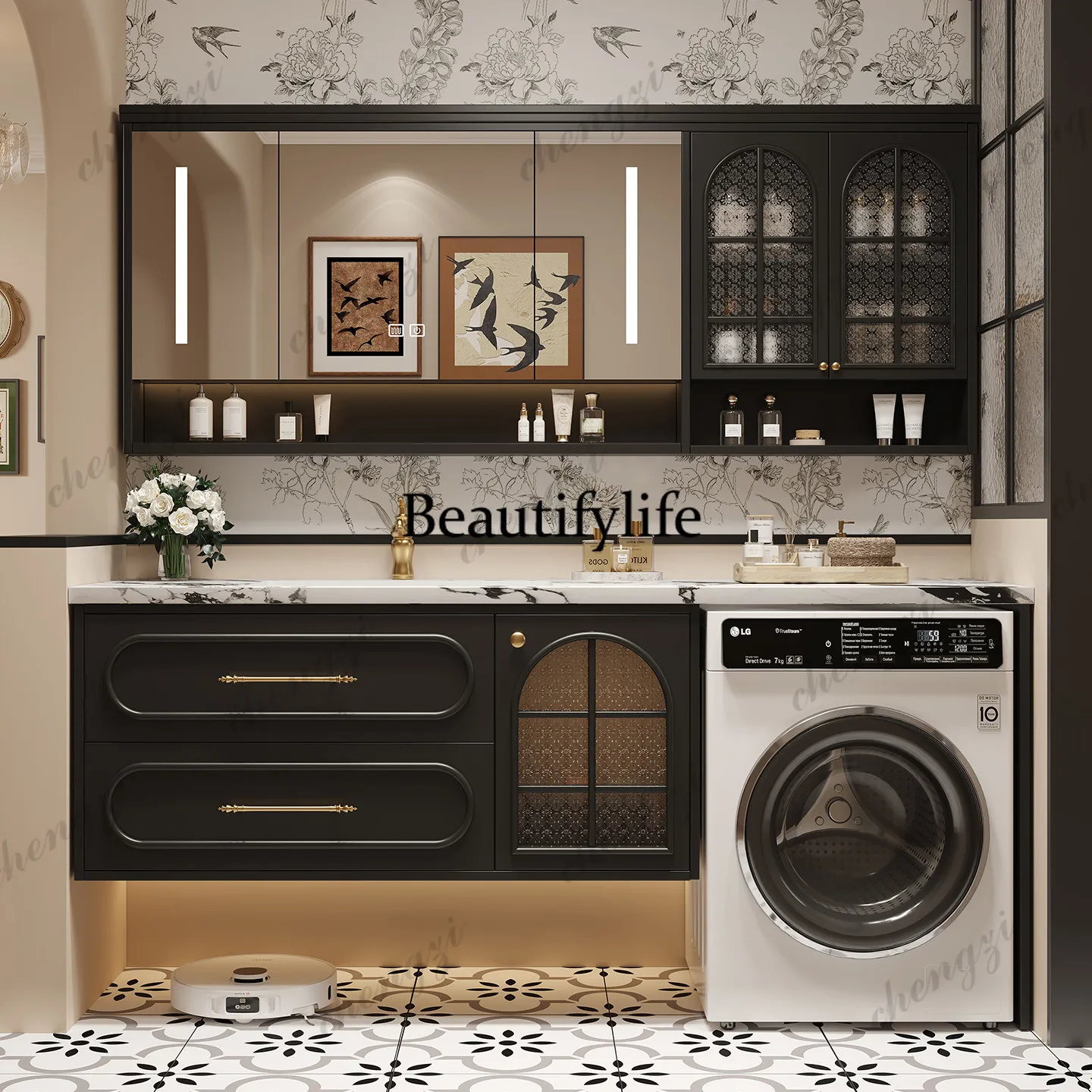 Light luxury custom washing machine integrated bathroom cabinet combined bathroom rock slab washstand