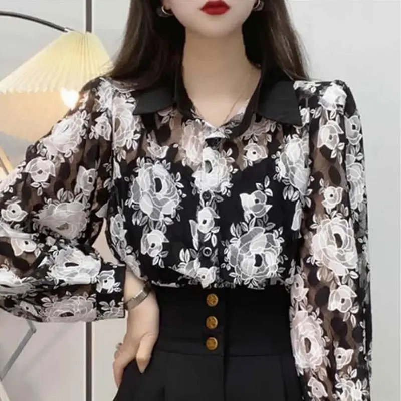 Female Clothing Floral Lace Blouse Gauze Fashion Single-breasted Spring Autumn Turn-down Collar Commute Long Sleeve Korean Shirt