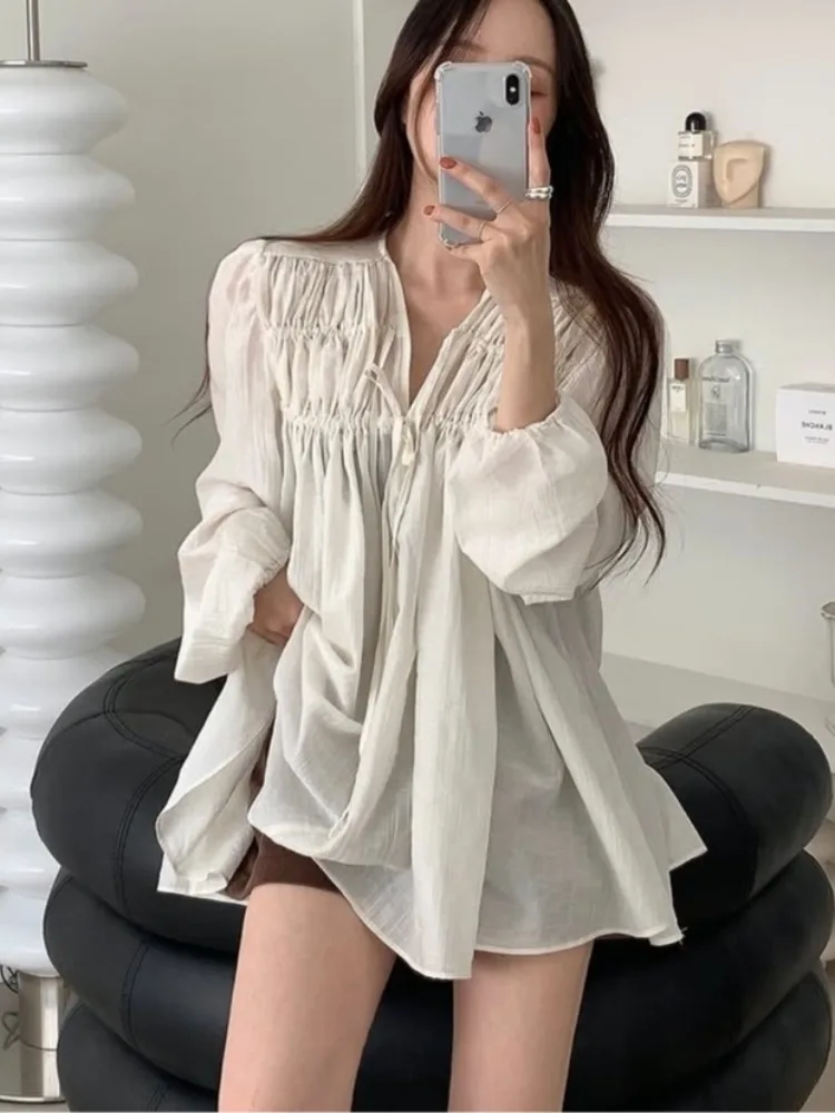 Loose Bubble Sve irt V-Ne Pleated Pure Color Belted Casual Faion Women's Long Sve irt for Autumn Spring Winter