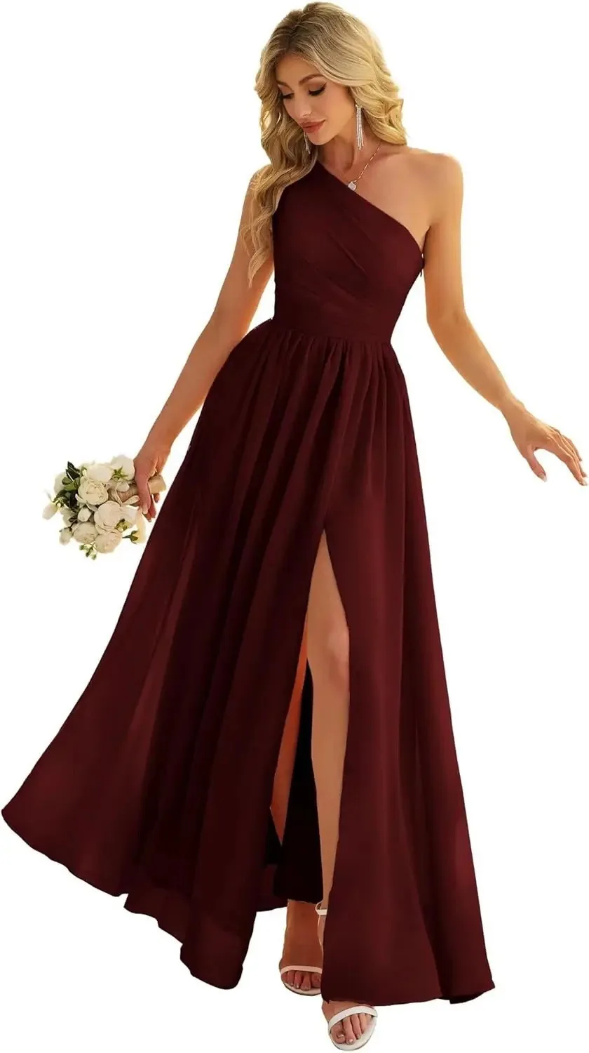 Ein-Schulter-Chiffon-Brautjungfernkleid für Damen mit geraffter Taille, hohem Schlitz, bodenlangem Maxikleid für Hochzeiten, Abschlussbälle und Abendveranstaltungen – Detail 6