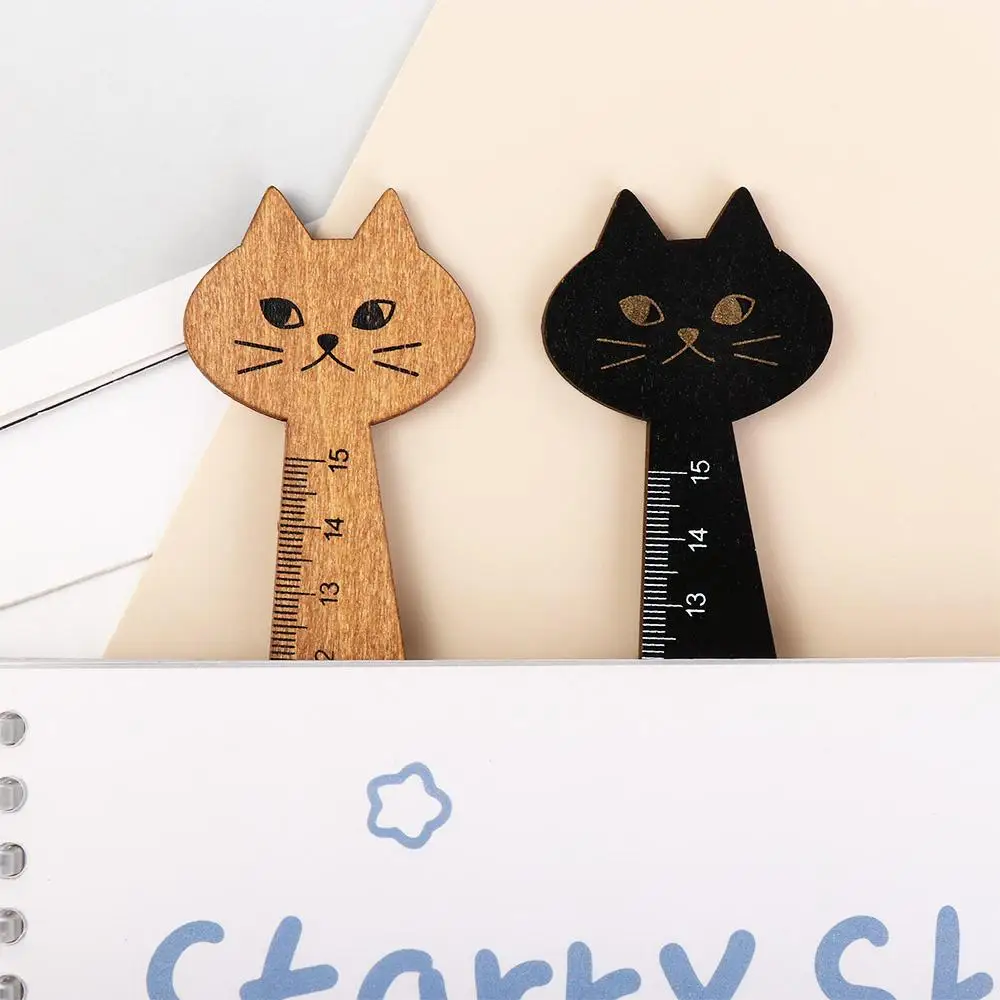 Practical 15cm/5.9inch Cute for School Office Home Cartoon Cat Wooden Straight Ruler Student Tools Sewing Ruler Drawing Ruler