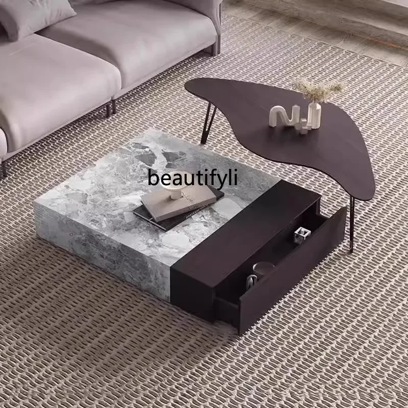 

HNew home minimalist light luxury square rock slab coffee table, Italian modern living room designer model