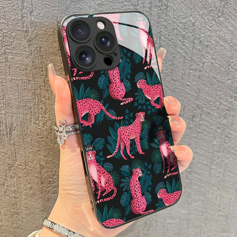 

Pink Leopard Print Tempered Glass Phone Case For iPhone 16 15 14 13 12 11 17 Pro Max 17 Air 16E 7 8 Pus XR XS X Shockproof Cover