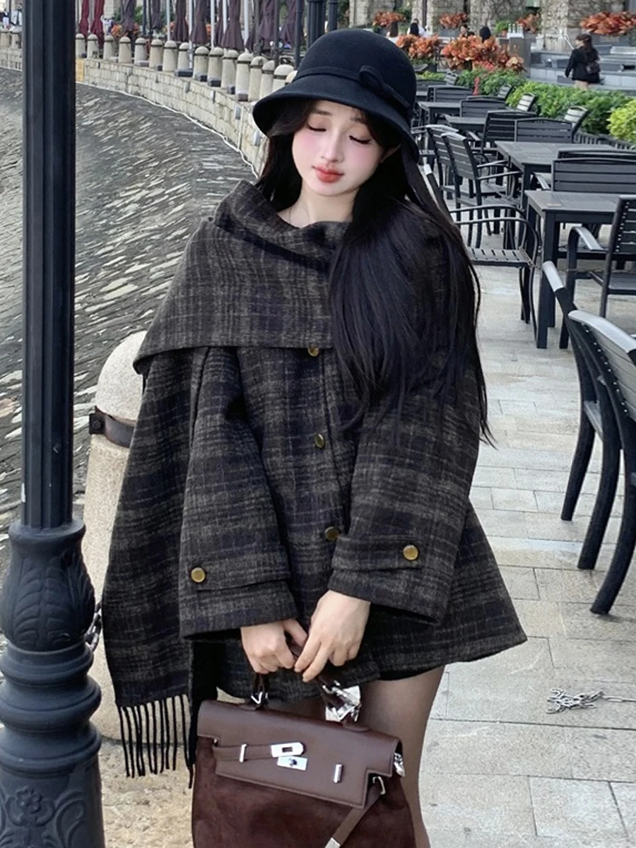 

Women's Plaid Wool-blend Coat Scarf Vintage Cape Loose Outerwear Blending Y2K Harajuku British Styles Winter Fashion Casual Wear
