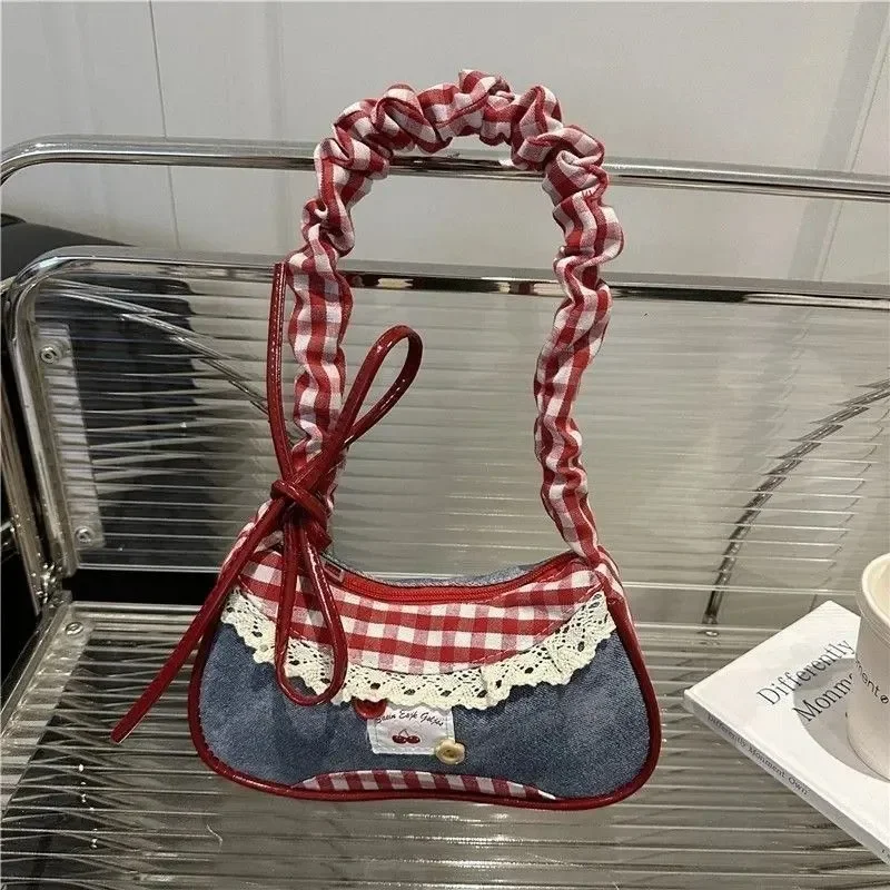 Cute Gingham & Denim Shoulder Bag For Women, Y2k Pleated Strap Cherry Patch Mini Handbag, Sweet Casual Daily Purse Color Block