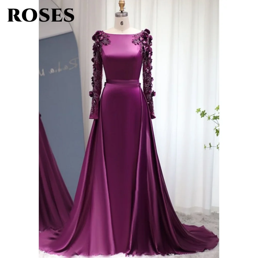 ROSES-Robe de Bal Élégante en Satin à Manches sulfpour Femme, Col Rond, Fleurs 3D, Perles, Chic, Violet