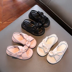 Summer New Baby Girls Sandals Pu Leather Solid Color Bow Chunky Soles Children'S Carabiners Cross Strap Baby Girls Beach Sandals