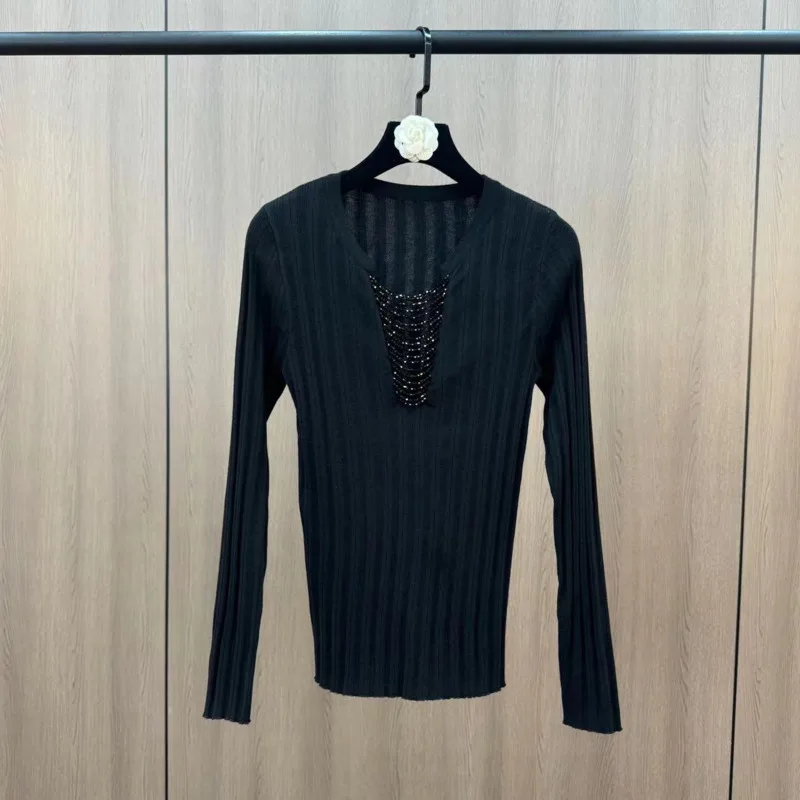 [ZOCI] 2025 Round Neck Long Sleeve Nail Bead Hollow Sexy French Minimalist Knitted Shirt