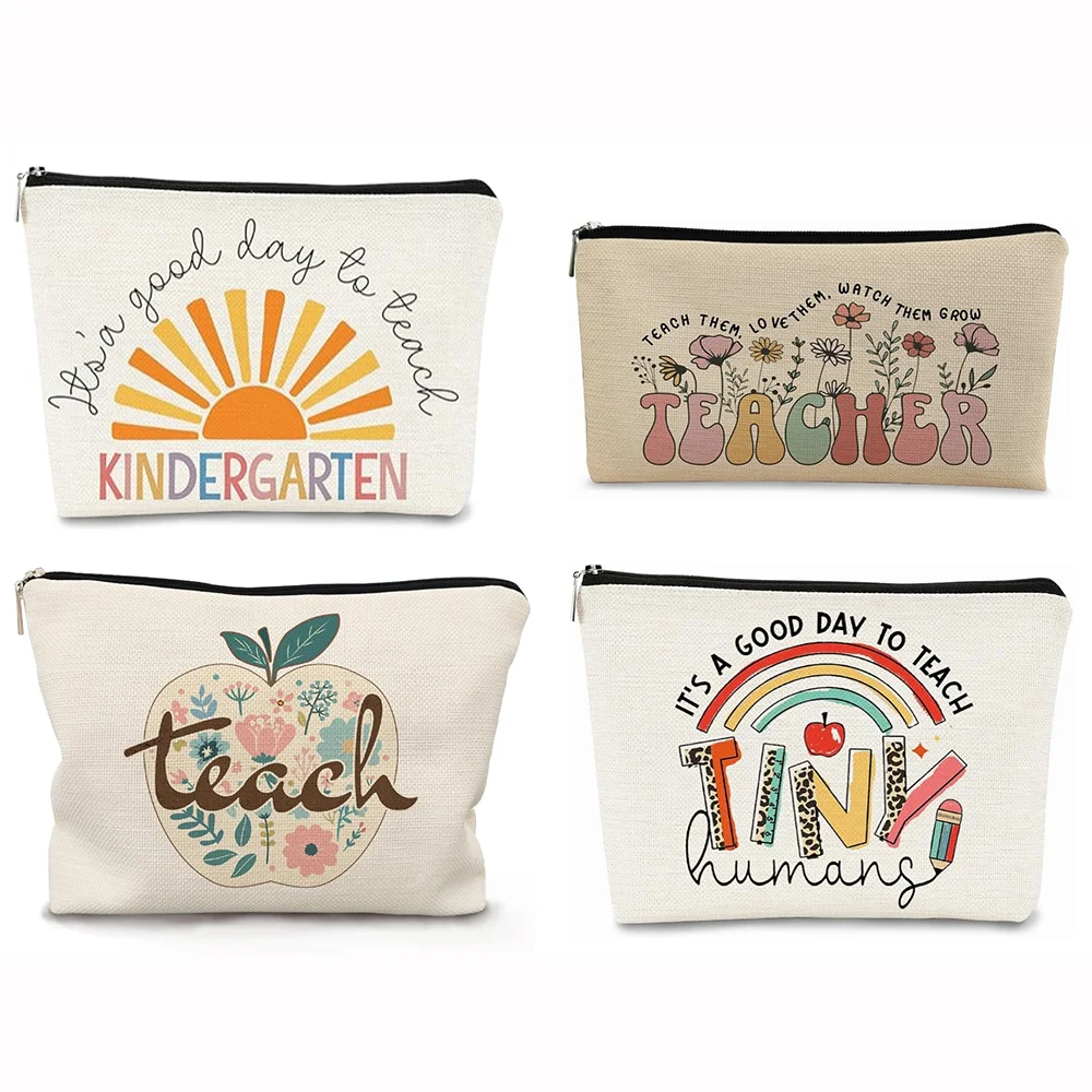 

1Pcs 6.1*8.9 Inch Retro Wildflowers Teacher Canvas Makeup Bag Multiple Patterns Zipper Travel Toiletry Bag Back To School Gifts