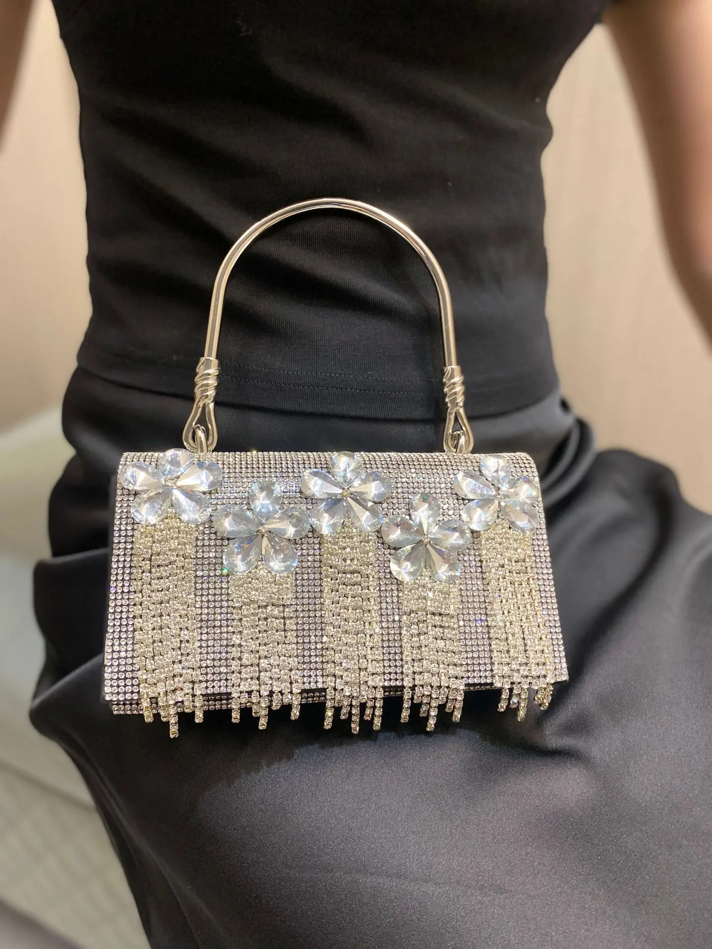 Rhinestone Clutch Luxury Tassel Evening Purse Bag Diamond Wedding Party Handbag Sliver Gold Handle Evening Bag free shipping