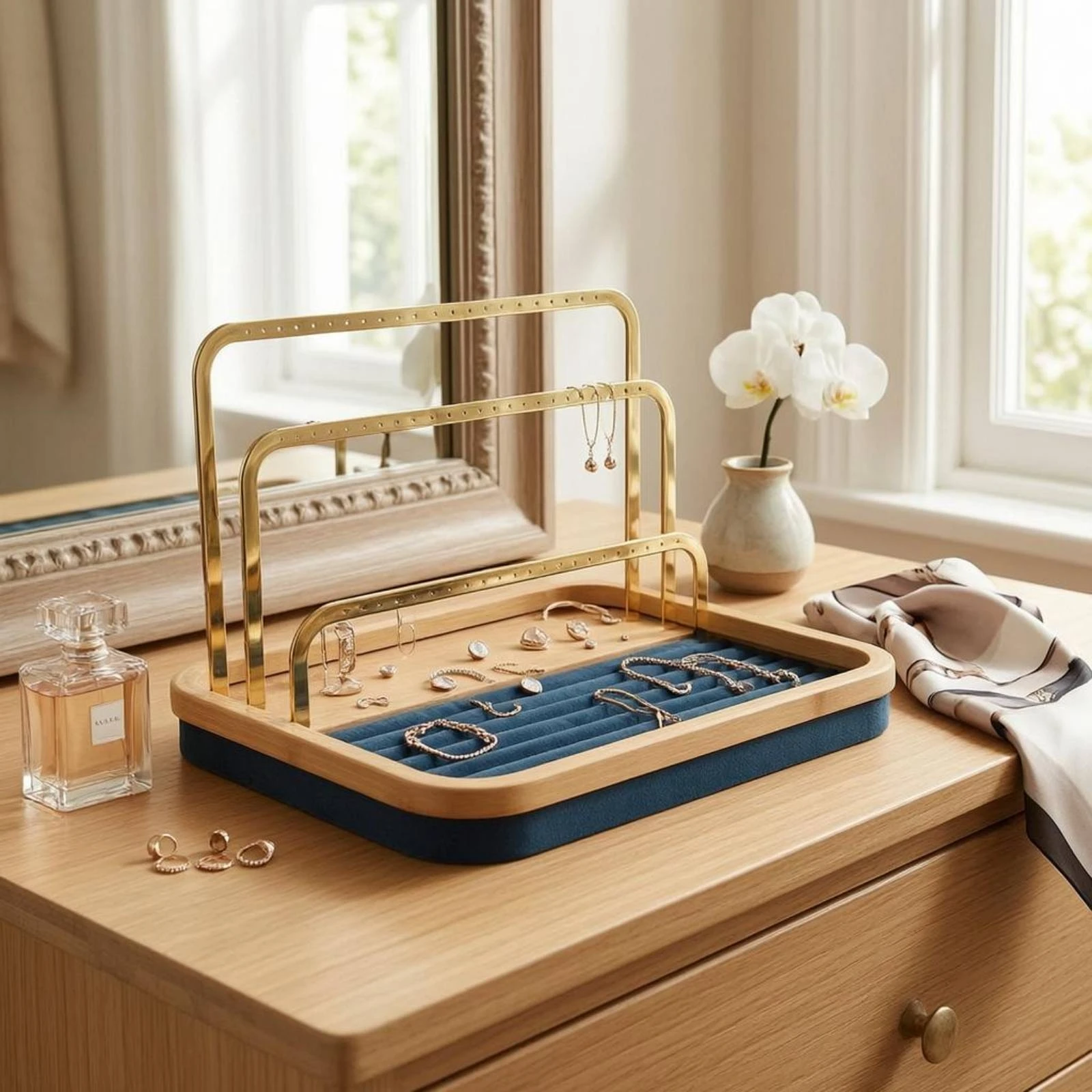 

Jewelry Display Stand Wooden 3 Tier Jewelry Stand Necklace Holder with Tray Space-Saving Bracelet Display Rack Elegant Design