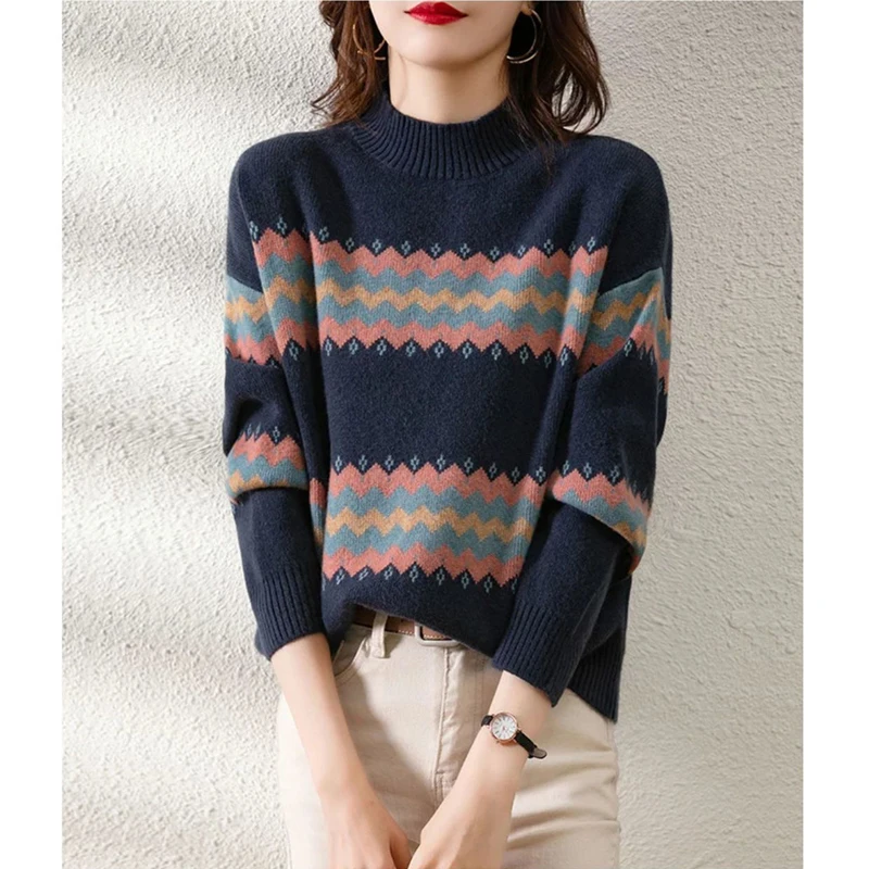 Autumn Winter Women\'s Vintage Striped Jacquard Pullover Knitted Sweater Casual Simple O Neck Loose Long Sleeve Top Female Jumper