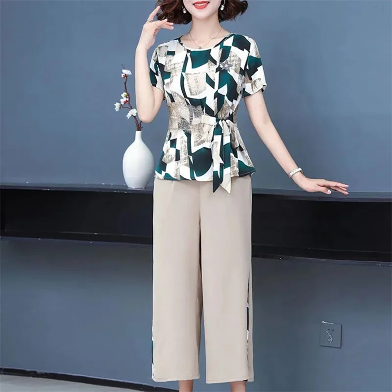 

Fashion Mother's Summer Set 2023 New Middle Aged Women's Chiffon Top Short Sleeve Two Piece Set Middle and Elderly Lace-Up