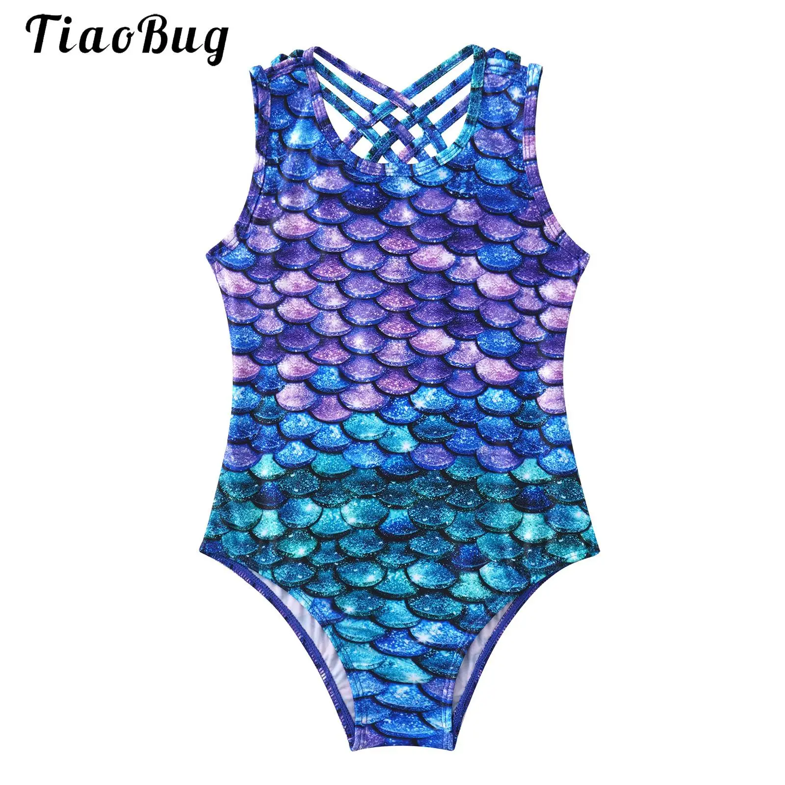 

Fish Scales Kids Girls Gymnastics Leotard Straps Cross Back Sleeveless Bodysuit Jumpsuit Sport Practice Performance Costume