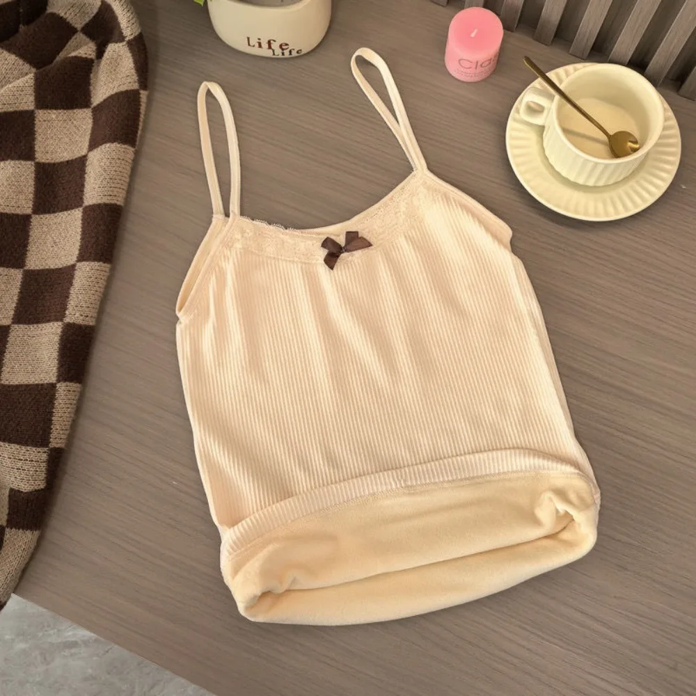 

Sweet Fleece-lined Women Warm Lace BowTank Top Sleeveless Thicken Thermal Tops Comfortable Warm Undershirt Autumn Winter