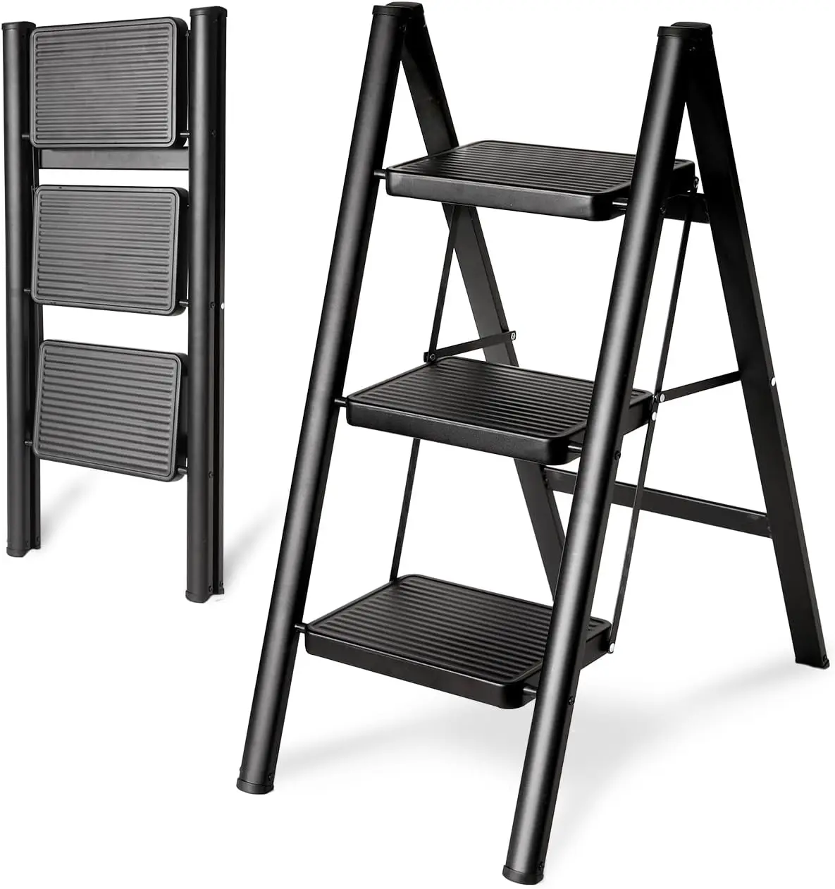 

Safer Full Steel Multi-use Kitchen Ladder for Home, Closet Step Stool Ladder with Anti-Slip Wide Pedals, Black