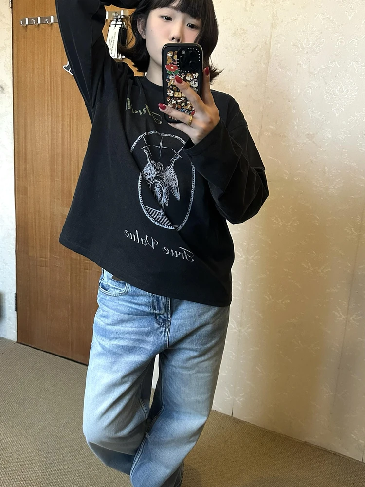 레트로 아메리칸 스트리트 스타일 여성용 롱 슬리브 티셔츠 순면 워싱 프린트 루즈핏 가을 신상품