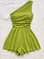 Women One Shoulder Ruched Romper Textured Sleeveless Jumpsuit Wide Leg Shorts Playsuit Casual Summer Beach Vacation Outfits - Image 2