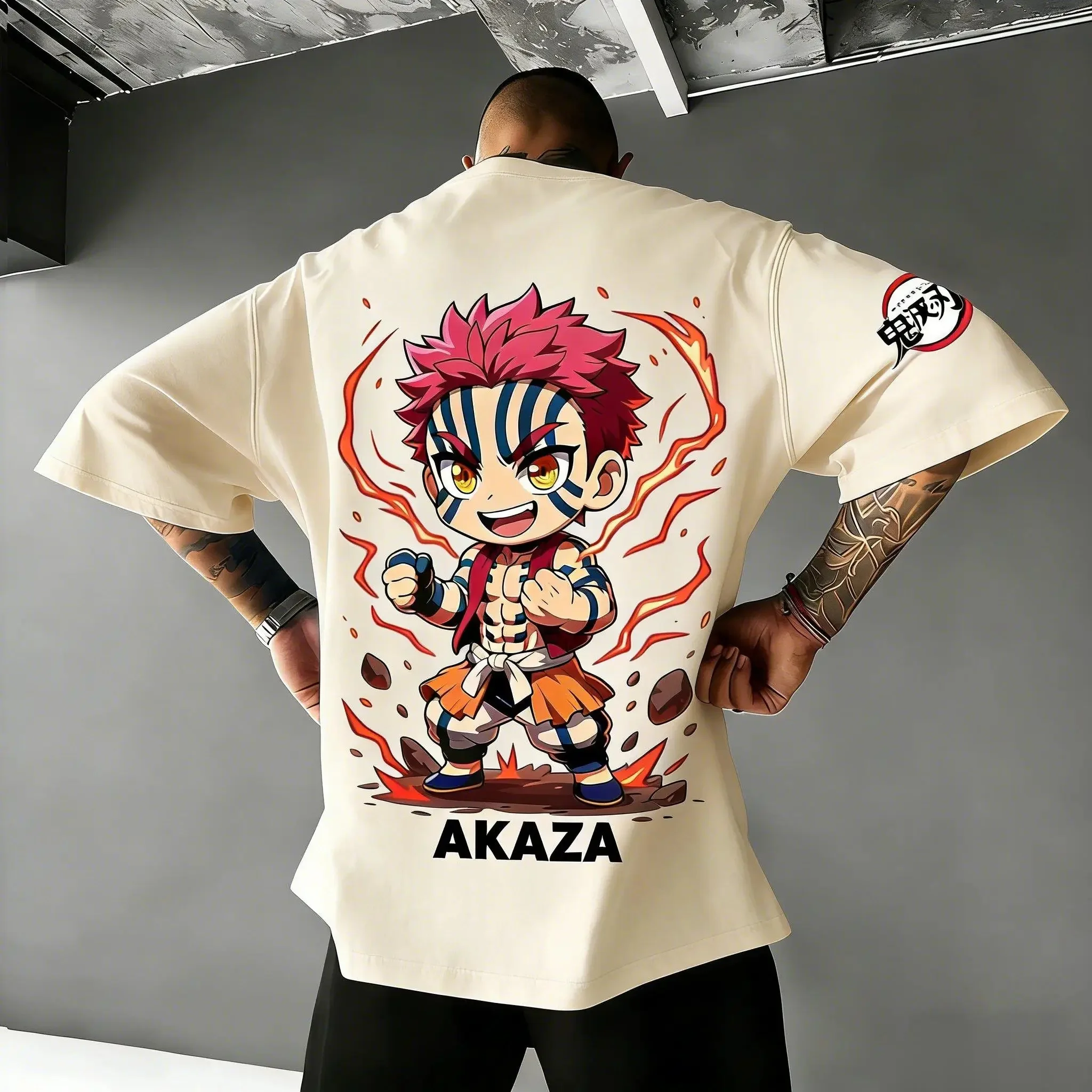 Unisex-T-Shirt aus reiner Baumwolle, Demon Slayer Akaza Anime Harajuku 2026, Sommer, Plus-Size, Rundhalsausschnitt, lockeres Familien-Kurzarm-Oberteil