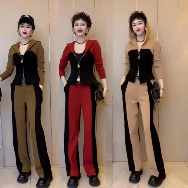 

Fashion casual sports set for women autumn new color blocked zipper top+wide leg pants stylish simple two-piece set