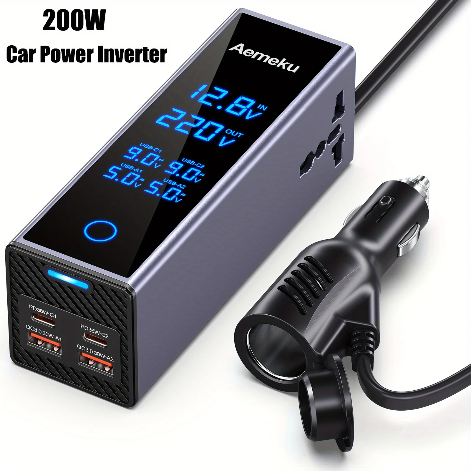 

Aemeku 200W Car Inverter DC12V/24V to 220V AC with Touch Screen, PD Fast Charging & Universal Socket (CE Certified)