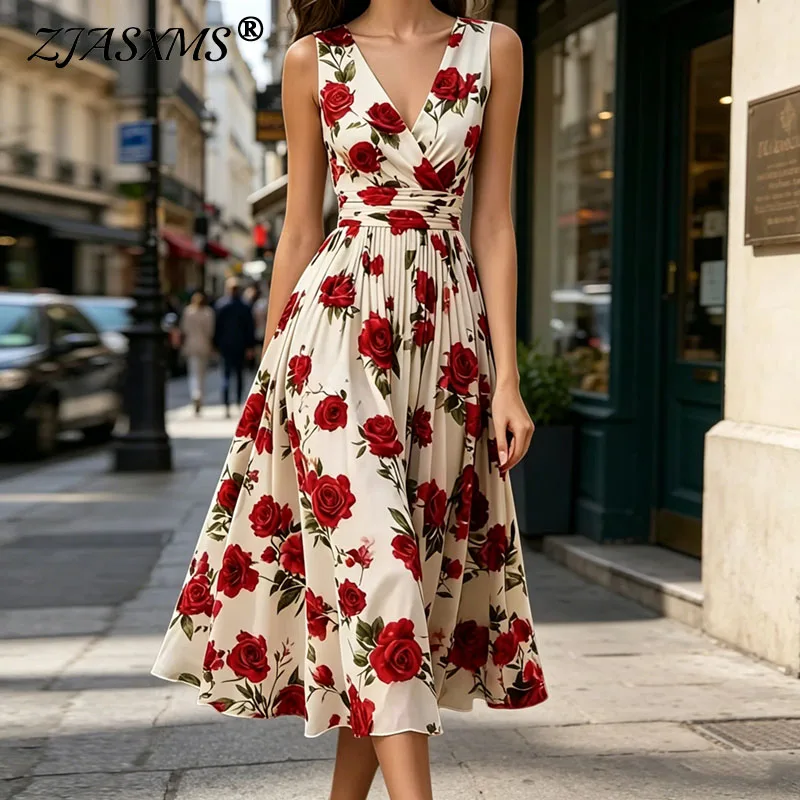 Boho-Blumendruck, elegante Partykleider für Damen, Frühling, sexy V-Ausschnitt, hohe Taille, plissiertes langes Kleid, Sommer, ärmelloses Urlaubskleid