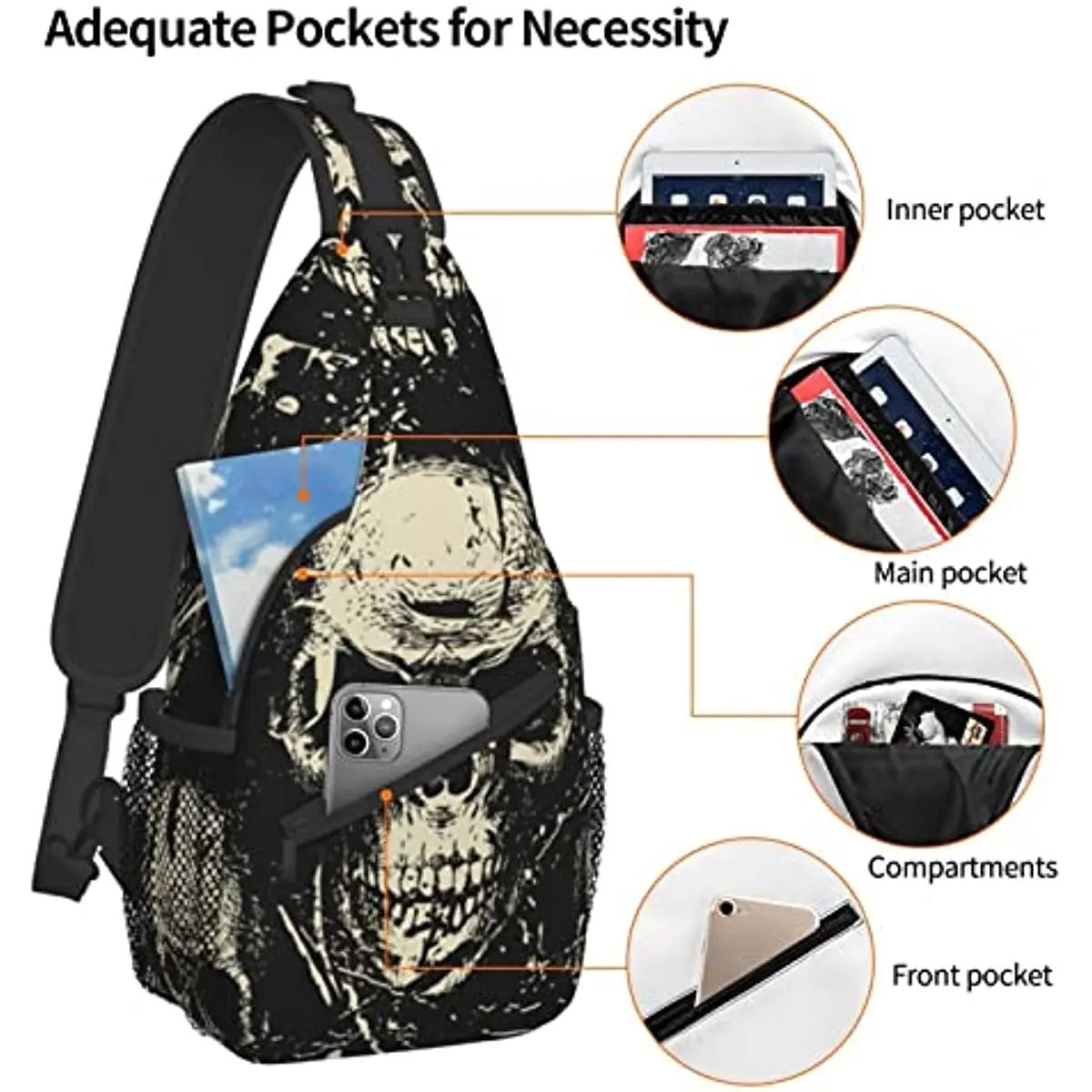 Bolsa de peito com caveira de açúcar, mochila crossbody para viagem, caminhada, bolsa de ombro crossbody para mulheres, homens e adolescentes