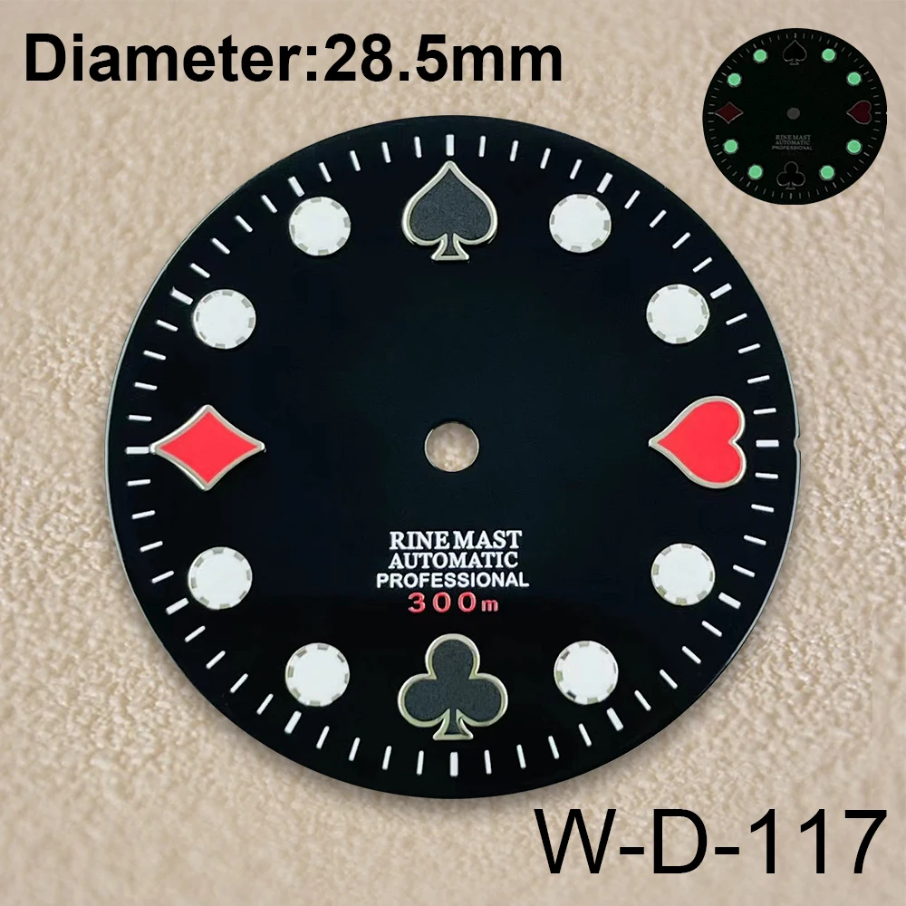 28.5mm S Logo Poker Dial Fit NH35/NH36/4R/7S Japanese Movement Green Luminous High-Quality Dial Watch Modification Accessories