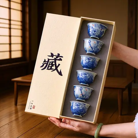 Chinese Blue And White Ceramic Porcelain Hand Pressed Master Cup Single Premium Personal Tasting Cup Kung Fu Tea Set Gift Box