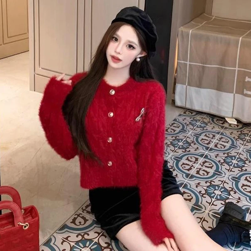 Autumn Winter Korean Bow Fluffy Round Neck Long Sleeve Knitted Cardigan For Women Newyear Christmas Red Sweater