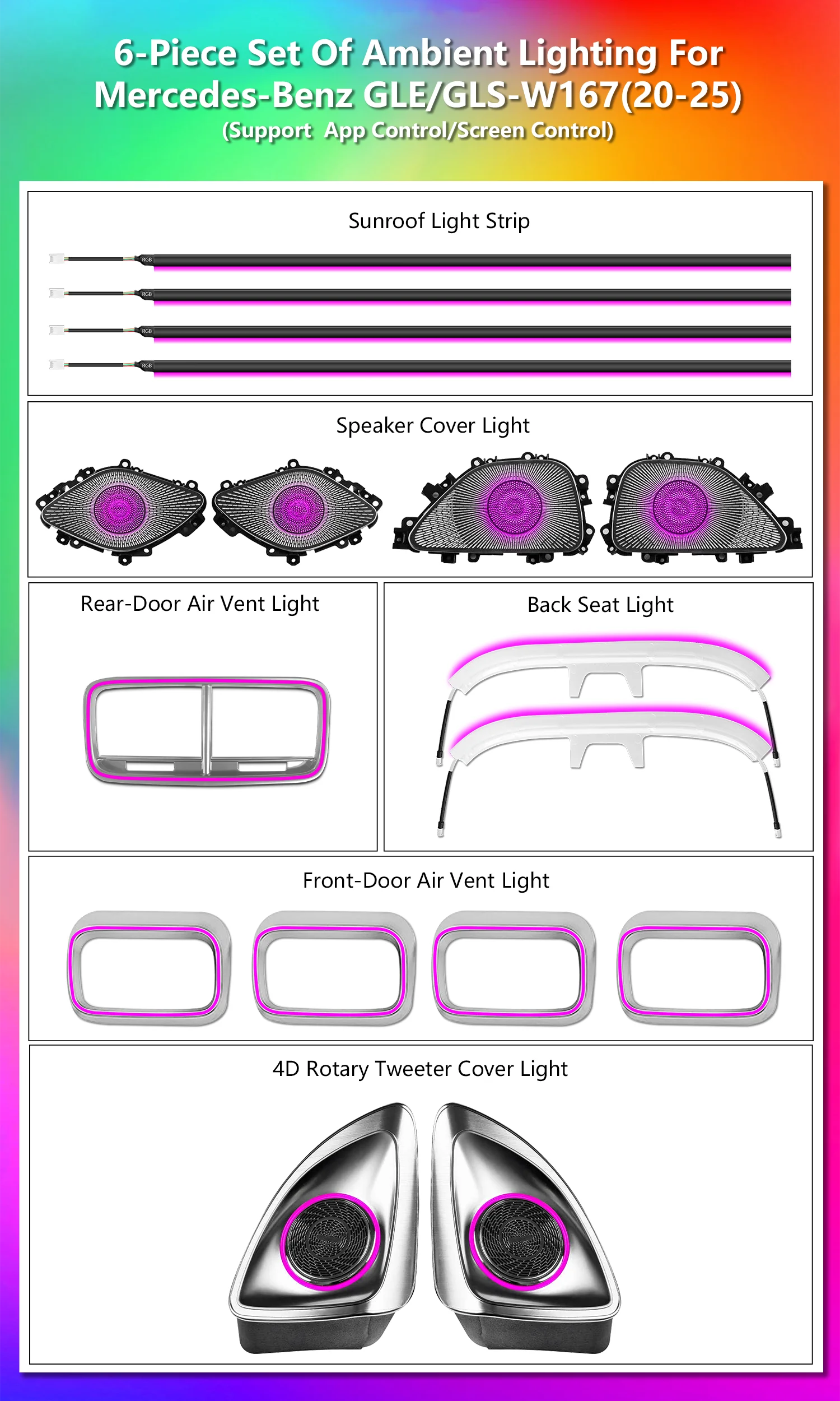 64 Colors Ambient Light for Mercedes W167 GLE GLS 2020-2025 MBUX Control Interior LED Lighting Upgrade Air Vent Speakers