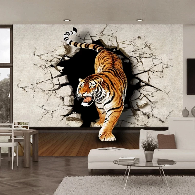 Customized product 3D Stereo Lifelike Tiger Broken Mural Living Room Dining Room Modern Personality Wallpaper bedroom restaurant