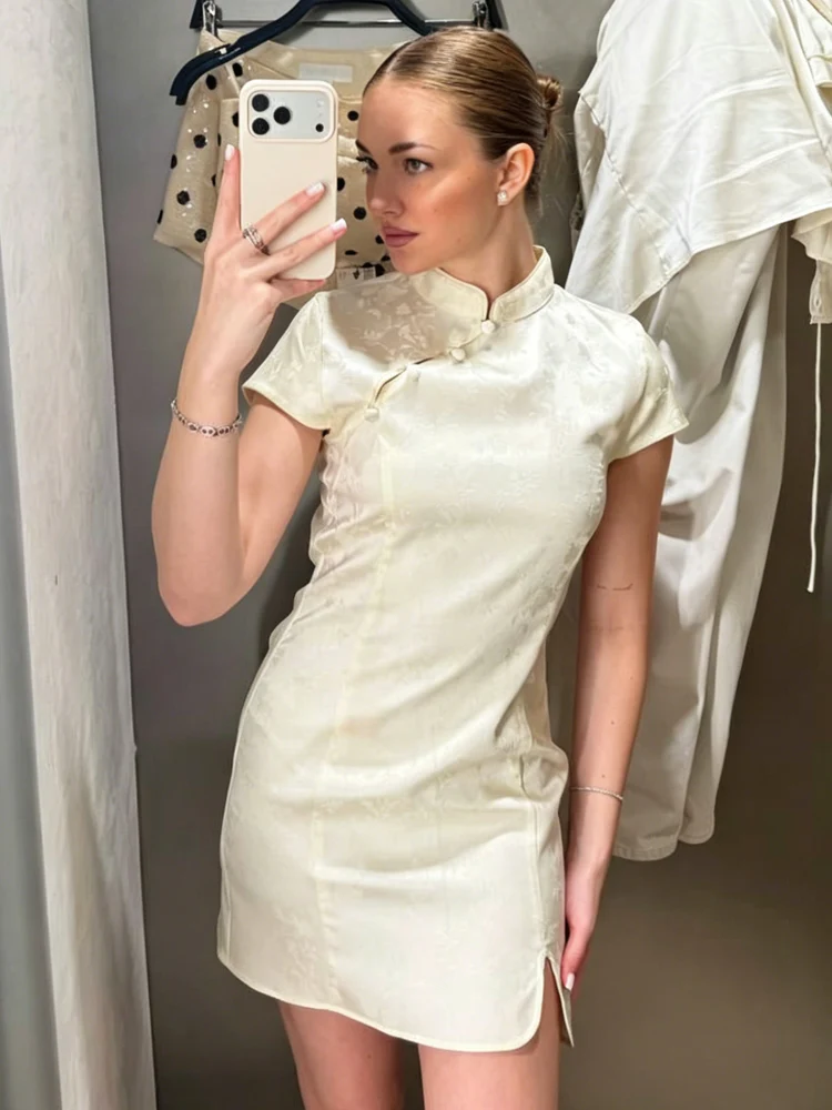 

Women's Dresses Beige Satin Jacquard Qipao Mini Dress 2026 Summer New Elegant Female Mandarin Collar Short Sleeve Bodycon Dress