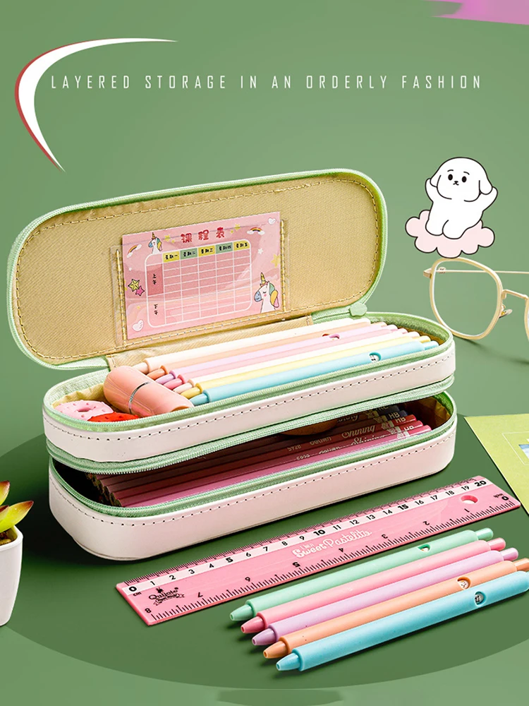 Double Layer Pencil Case Cute Pattern Pencil Bag Pink Blue Green Large Capacity Pencil Box for Girls Boy Student School