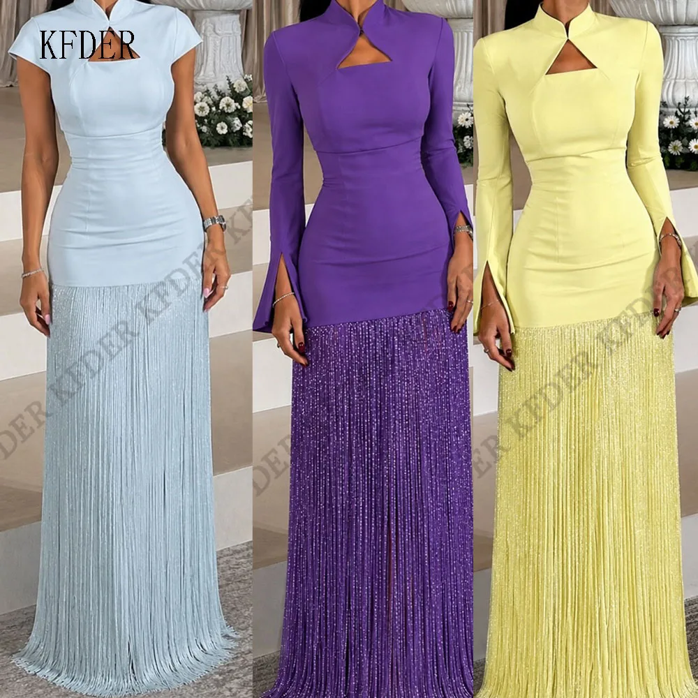 Satin Tassel Long Prom Satin Evening Dresses A Line Party Dress Cap Sleeves Birthday Dresses فساتين مناسبة رسمية Customized