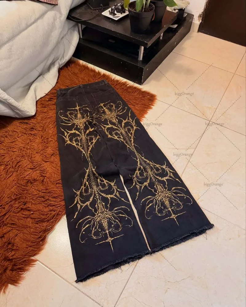 Pantalones vaqueros holgados Retro americanos con gráficos góticos Harajuku de cintura alta y piernas anchas para mujer, ropa de calle de moda, pantalones Harajuku Y2K