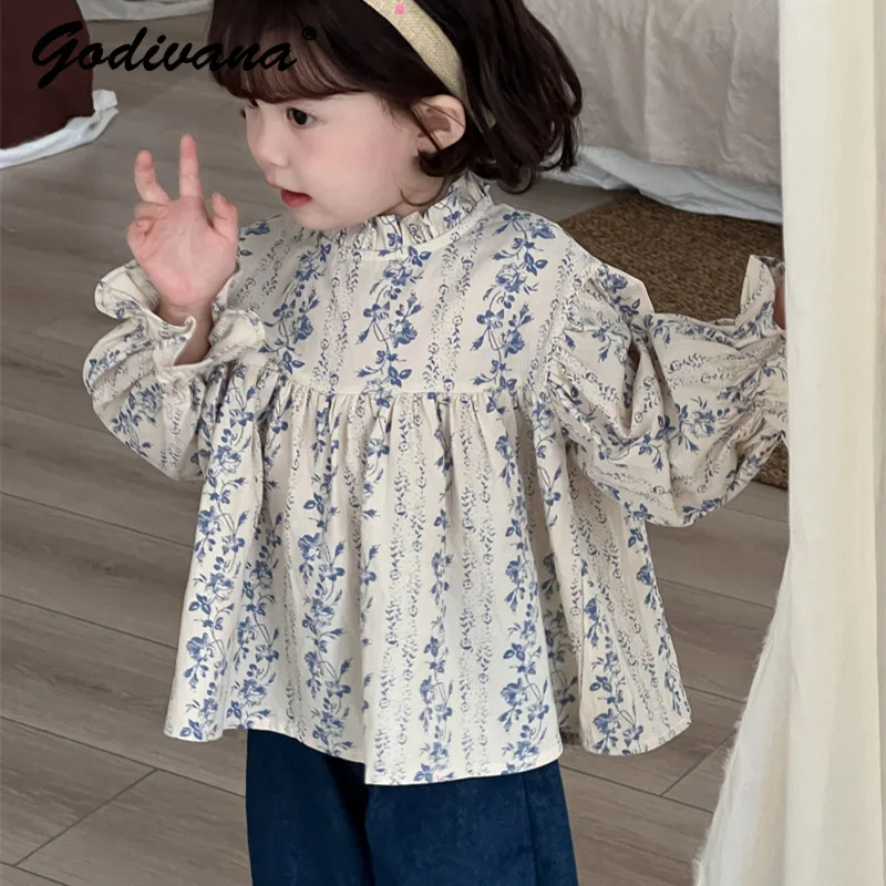 

2026 Spring New Baby Girls Floral Print Blouses Ruffle Collar Bubble Sleeve Korean Style Long Sleeve Loose Comfortable Shirts