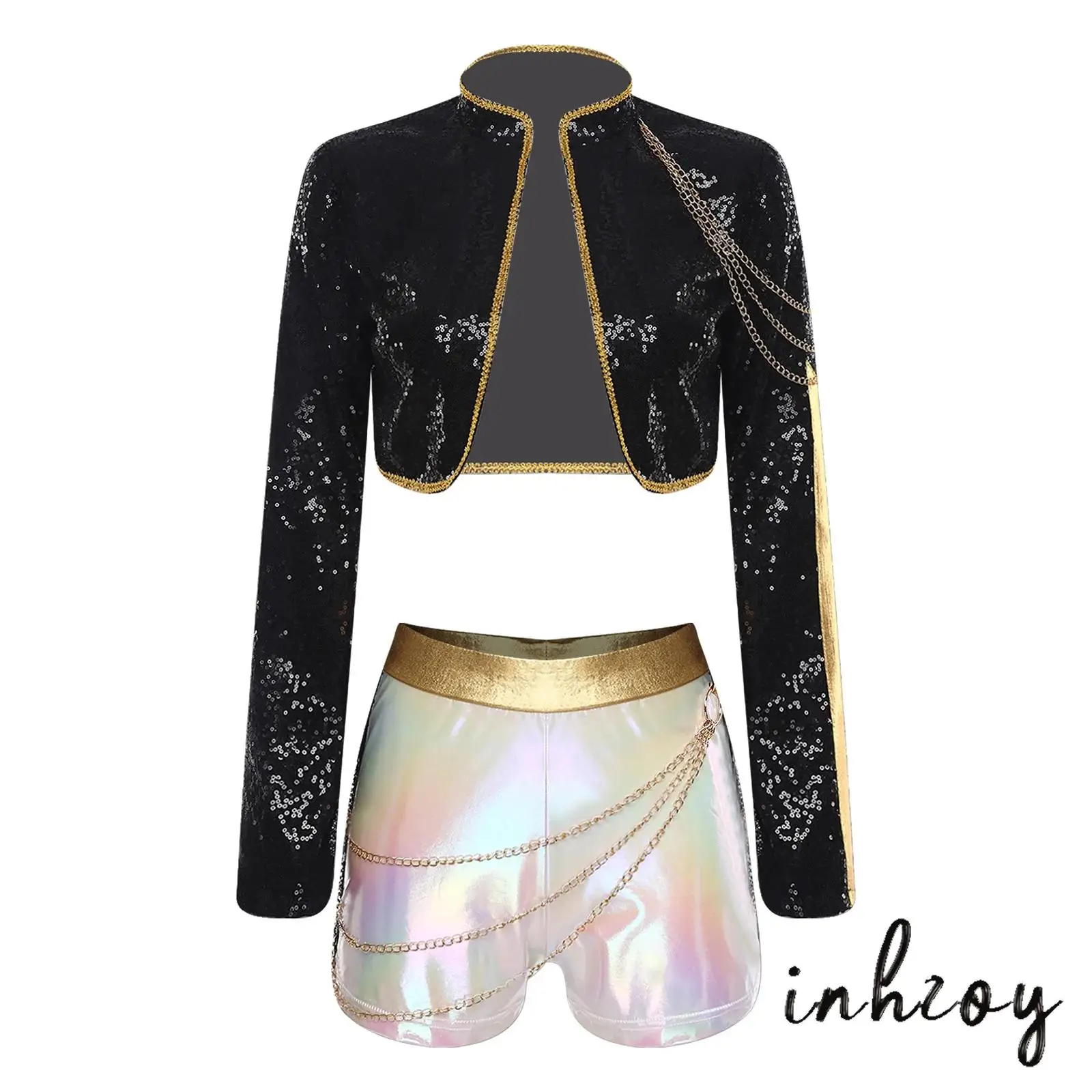 

Women Hip Hop Singer Jazz Dance Costume Metal Chain Open Front Sequined Cardigan+Metallic Shiny Shorts for Stage Performance