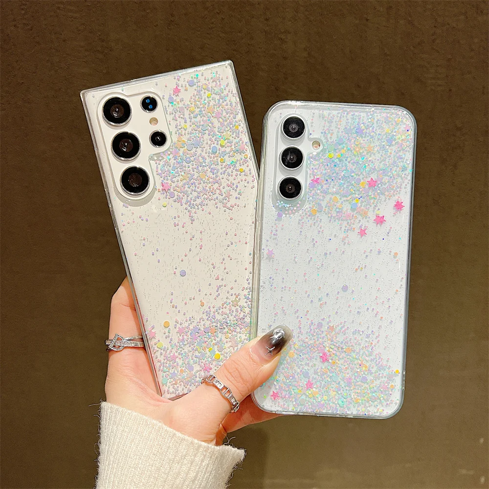 Glitter Colorful Star Case for Samsung Galaxy S24 Ultra S23 S22 Plus S21 S20 FE A34 A54 A14 A52 A73 A53 A33 Transparent Cover