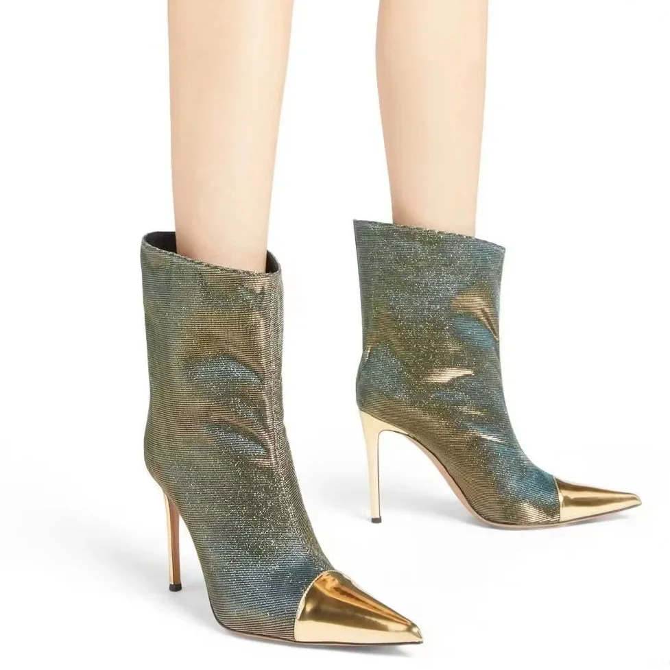 

Gold Velvet Colorblock Pointed Toe Booties Stiletto Super High Heel Catwalk Pumps Women Plus Size Ankle Boots Zapatos Mujer