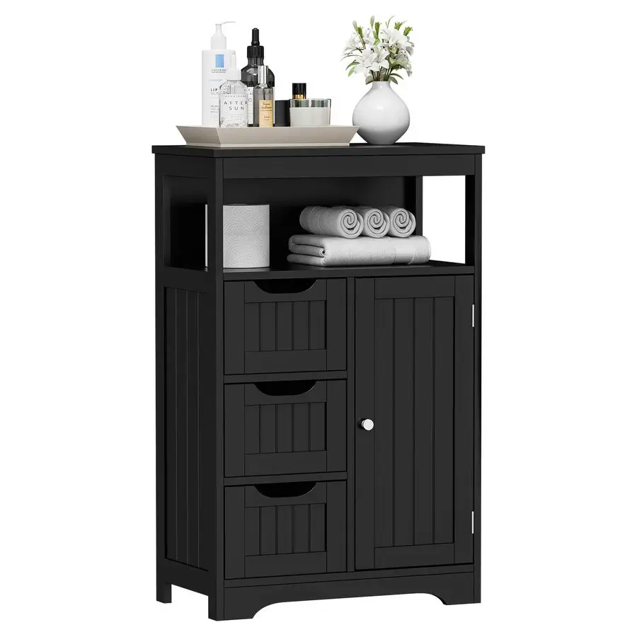 

Bathroom Floor Cabinet, Storage Organizer with 3 Drawers and 1 Door, Free Standing Entryway Cupboard for Home Office Black