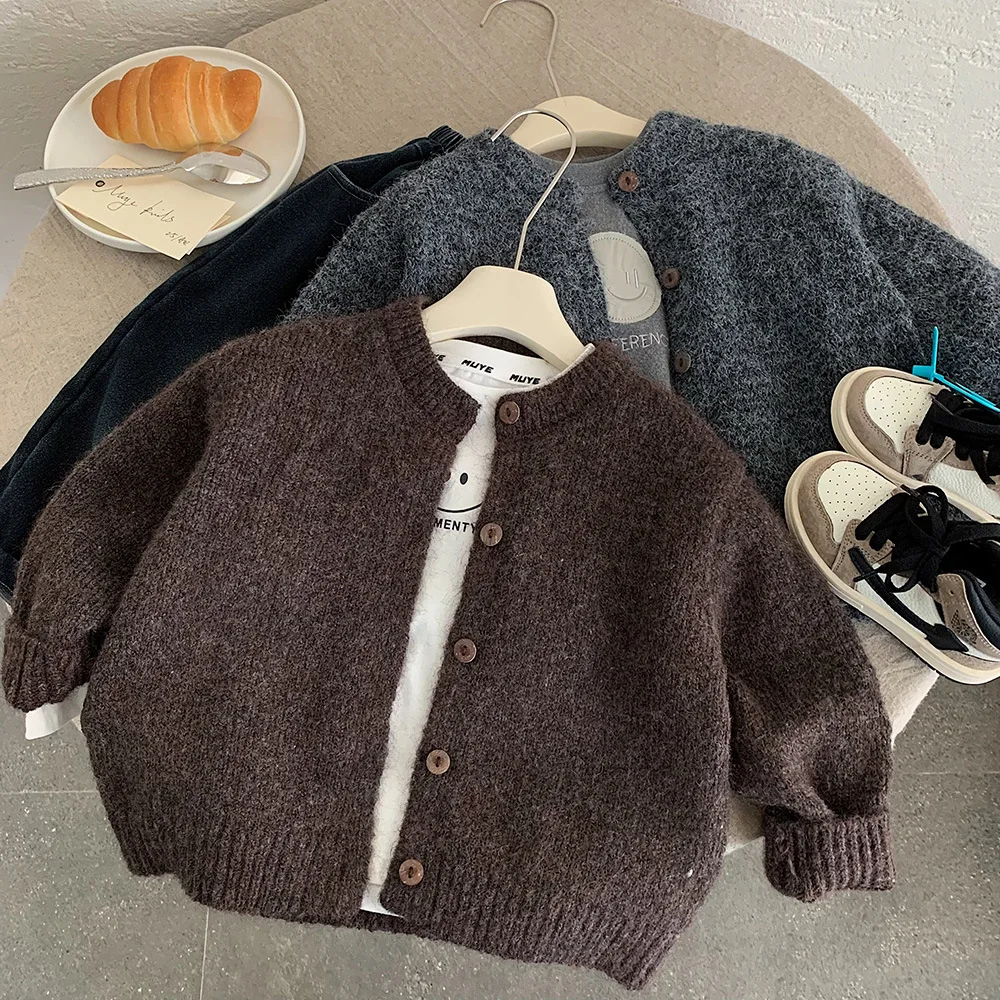 

3-9Y Baby Boys Cardigan Winter 2025 Solid Color Thick Warm Toddler Boy Sweater Knited Children Boys Cardigan Loose Knitwear Coat